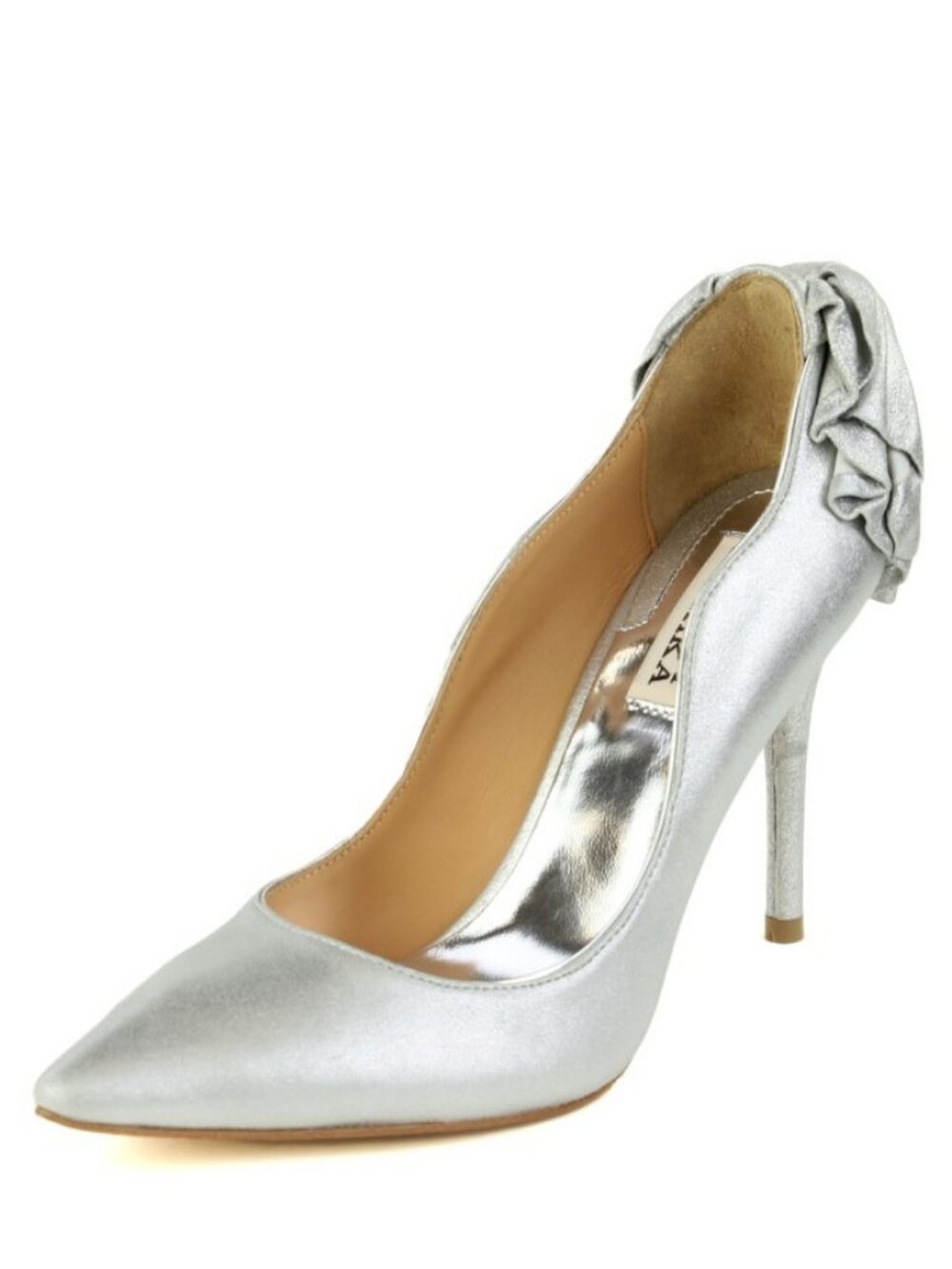 Badgley Mischka Wysdom Silver Metallic Leather Bow Pumps Heels Sizes 5.5 6.5